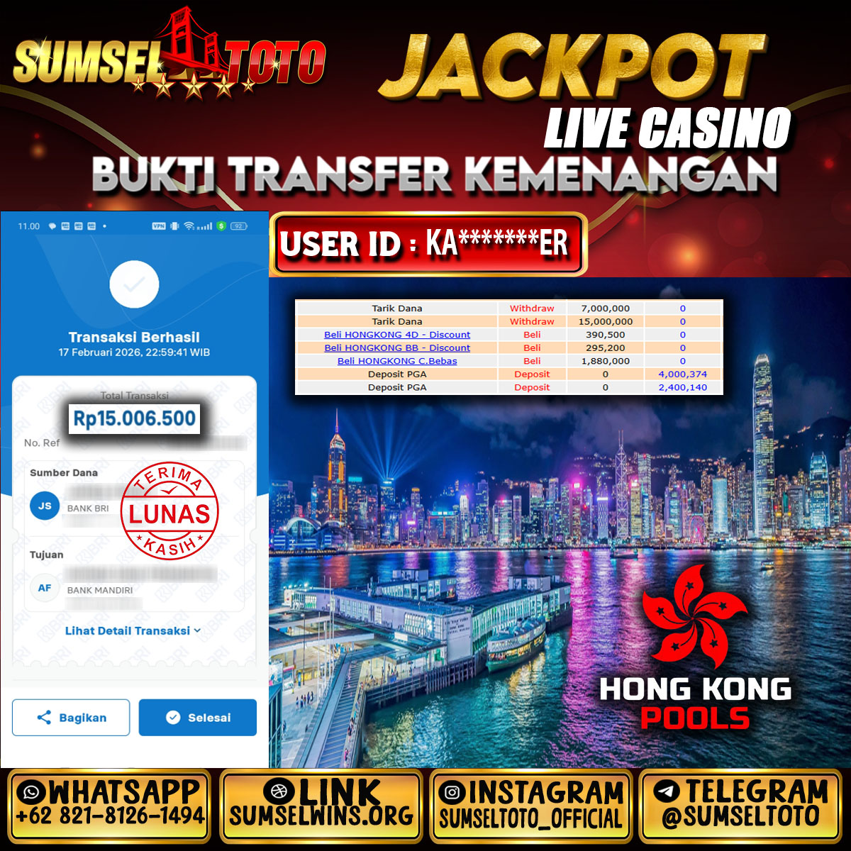 SUMSELTOTO JACKPOT HONGKONG POOLS Rp.15,000,000.,- LUNAS